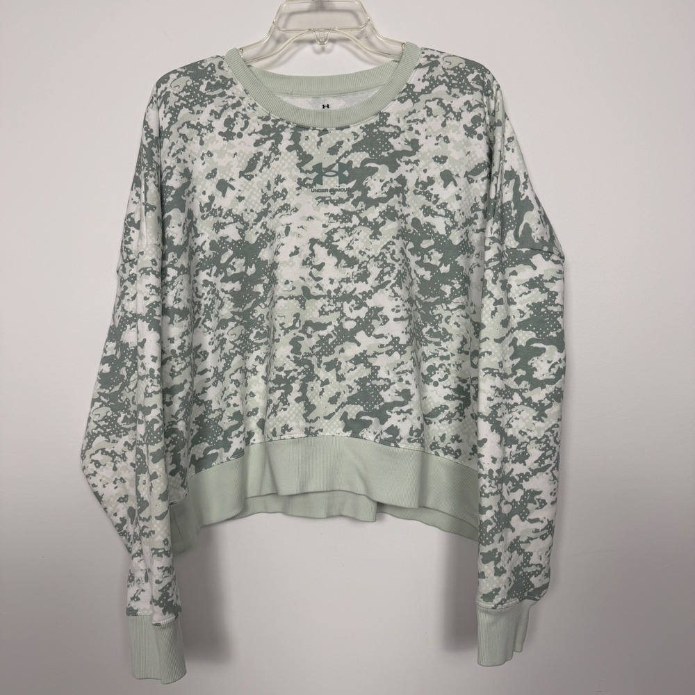 Under Armour Womens XL Rival Fleece Camo Cropped Sweatshirt Mint Green Oversized